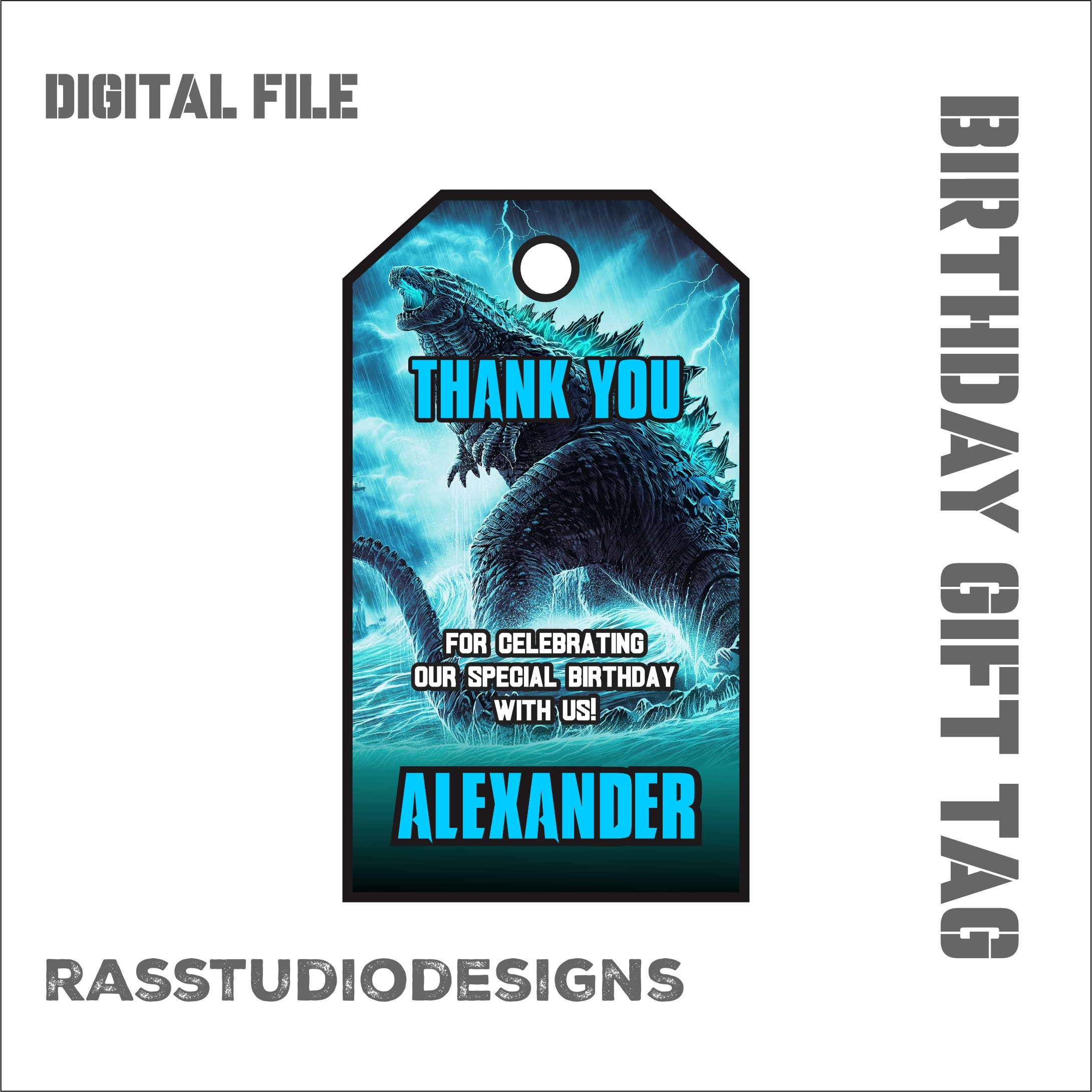 Godzilla Birthday Thank You Tag: Editable Sticker (digital File) - Etsy