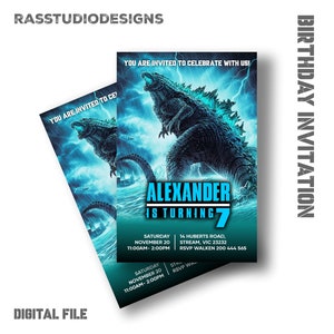 Faire-part d'anniversaire Godzilla, Faire-part Godzilla, Faire-part imprimable Godzilla, Faire-part d'anniversaire numérique Godzilla