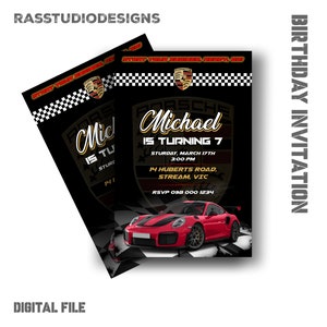 Porsche Cars grappige verjaardagsuitnodiging, race auto verjaardagsfeestje, race auto uitnodiging verjaardag, kaart partij, uitnodiging kaartsjabloon