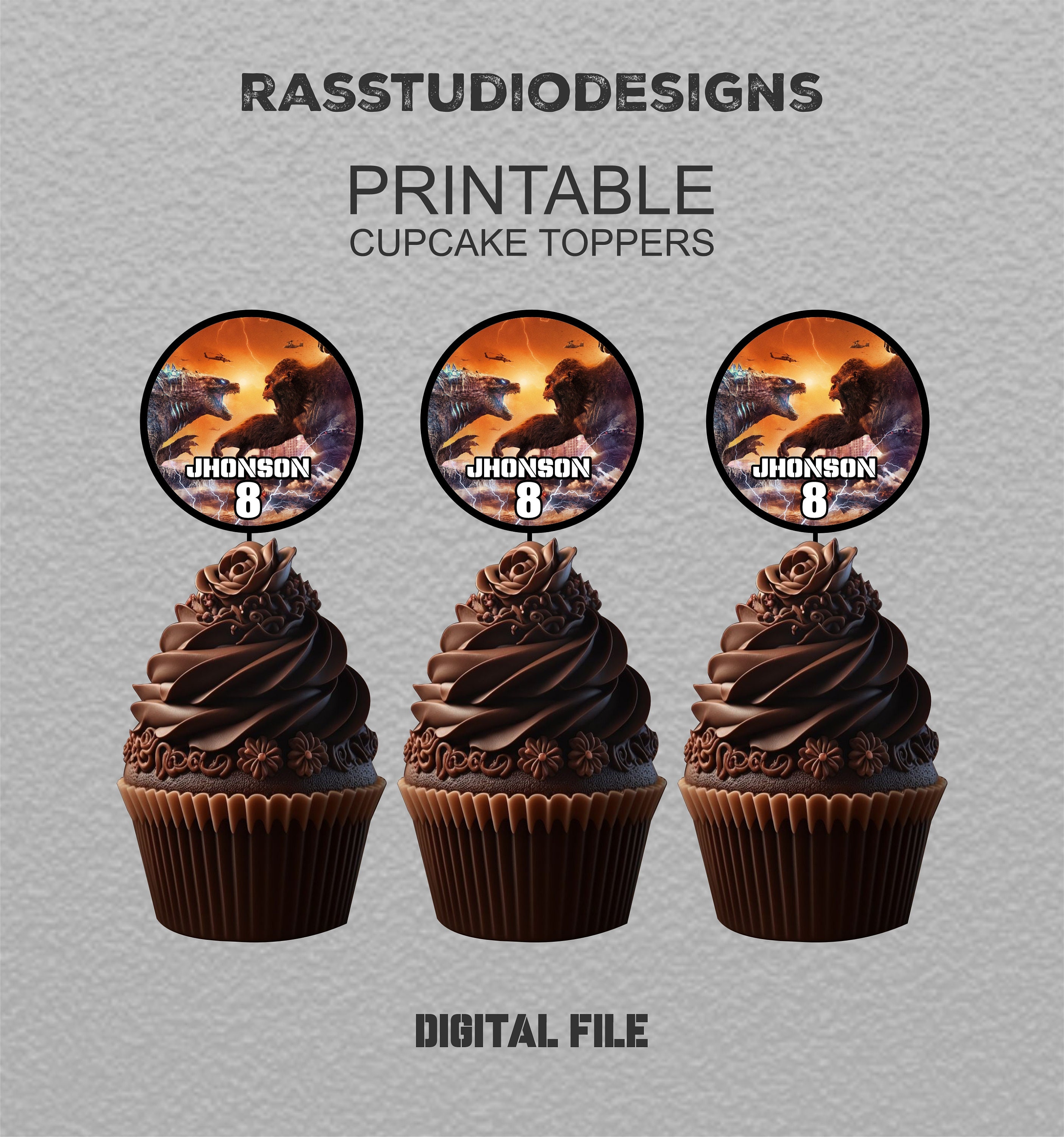 Godzilla vs Kong Cupcakes toppers | Godzilla vs kong Cupcake Toppers Birthday FREE Additional For Your NAME!! and Easy To Print