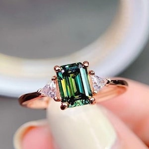 3.50 Carat Emerald Blue Green Moissanite Dainty Engagement Ring, 10K/14K/18K Solid Gold Wedding/Anniversary/Valentine Gift Ring By Riya