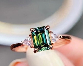 3.50 Carat Emerald Blue Green Moissanite Dainty Engagement Ring, 10K/14K/18K Solid Gold Wedding/Anniversary/Valentine Gift Ring By Riya