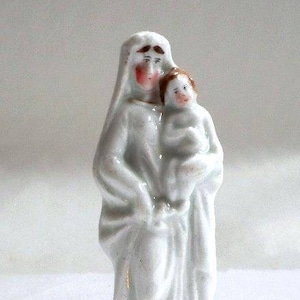 French Antique Virgin Mary and baby Jesus Porcelain Statue 1800s (w315)