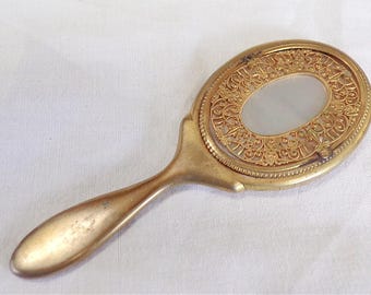 Specchio a mano vintage francese in ottone e madreperla s06