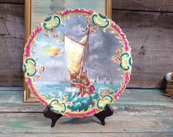 French Vintage Hand Painted Ship Faience Ceramic Plate (S75)