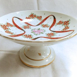 French Vintage Mehun Porcelain Hand Painted Floral & Red Ribbon Compote / Bowl (C091)