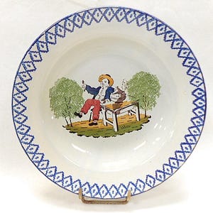 French Vintage Man Eating Soup Folk Ceramic Faience Bowl (B150)