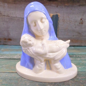 Religious Statue Desvres Virgin Mary and baby Jesus Pottery signed r14