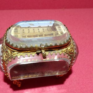French Antique Ormoulu Glass Jewelry Trinket Box s721