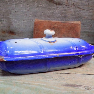 French Antique Blue Metal Enamel Soap Dish s961
