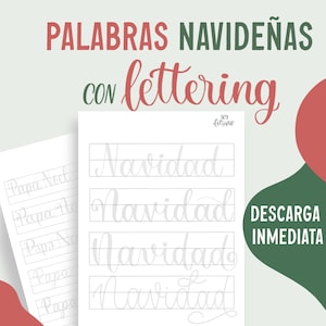 May include: Printable worksheet with the Spanish word "Navidad" (Christmas) written in cursive lettering multiple times. The worksheet is designed to help people practice their calligraphy skills. The text "PALABRAS NAVIDEÑAS CON lettering" is at the top of the page. The text "DESCARGA INMEDIATA" is at the bottom of the page.