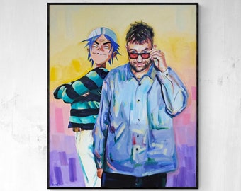 Original Gorillaz art oilpainting on canvas, Fan art damon albarn Blur, portrait on canvas, unique handmade wall art,unique gift for him