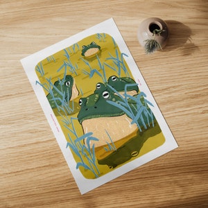 Buff Frogs-kunstafdruk | Grappige kikkerillustratie | Eigenzinnige dierenmuurkunst | Uniek natuurdecor | Cadeau kikkerliefhebber | Japanse esthetiek