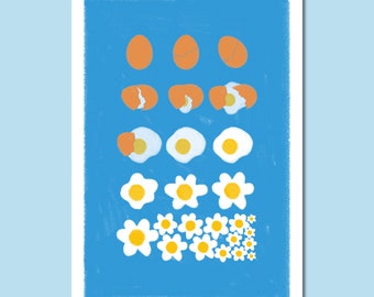 May include: A blue background with a series of illustrations of eggs in different stages of cooking. The first row shows whole eggs, the second row shows cracked eggs, the third row shows eggs with the yolk and white separated, and the last row shows eggs that have been cooked into a fried egg shape. The last row also shows a series of white flowers with yellow centers.