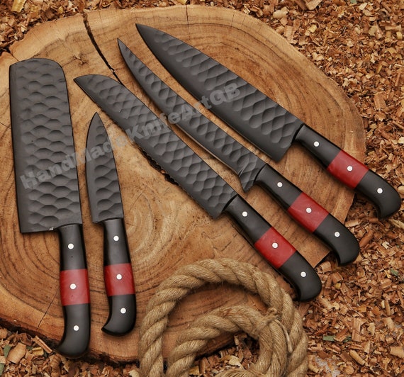 Hand Forged Carbon Steel Black Coated Chef Knife Set of 5pcs With