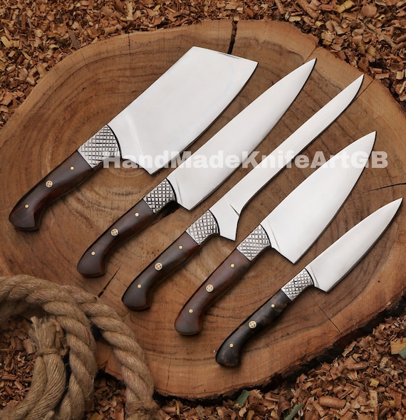 Handmade Chef Knife Set of 5pcs With Leather Sheath, D2 Steel Chef Set,  Kitchen Knives Set, Japanese Knife , Best Anniversary Gift for Him 