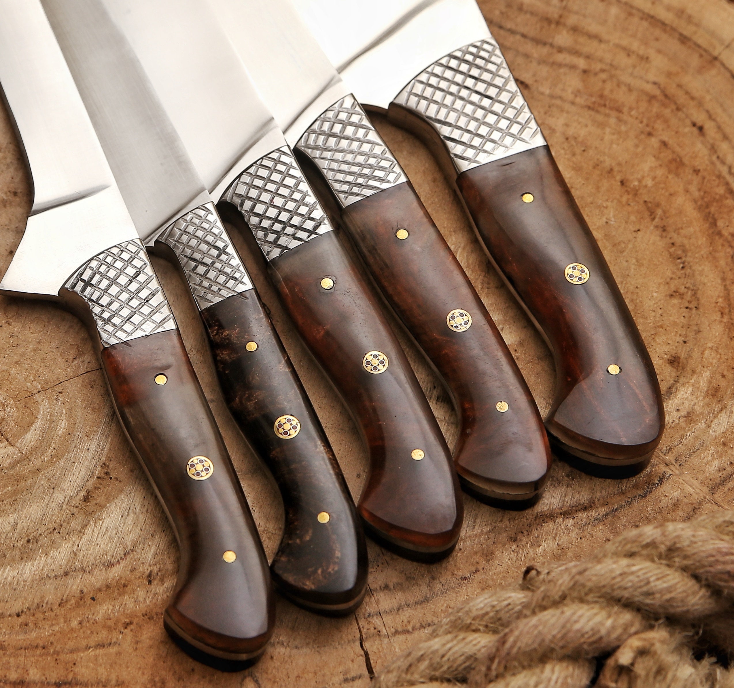 Wildrose - Damascus 5 Piece Chef Knife Set & Leather Roll – Forged Blade