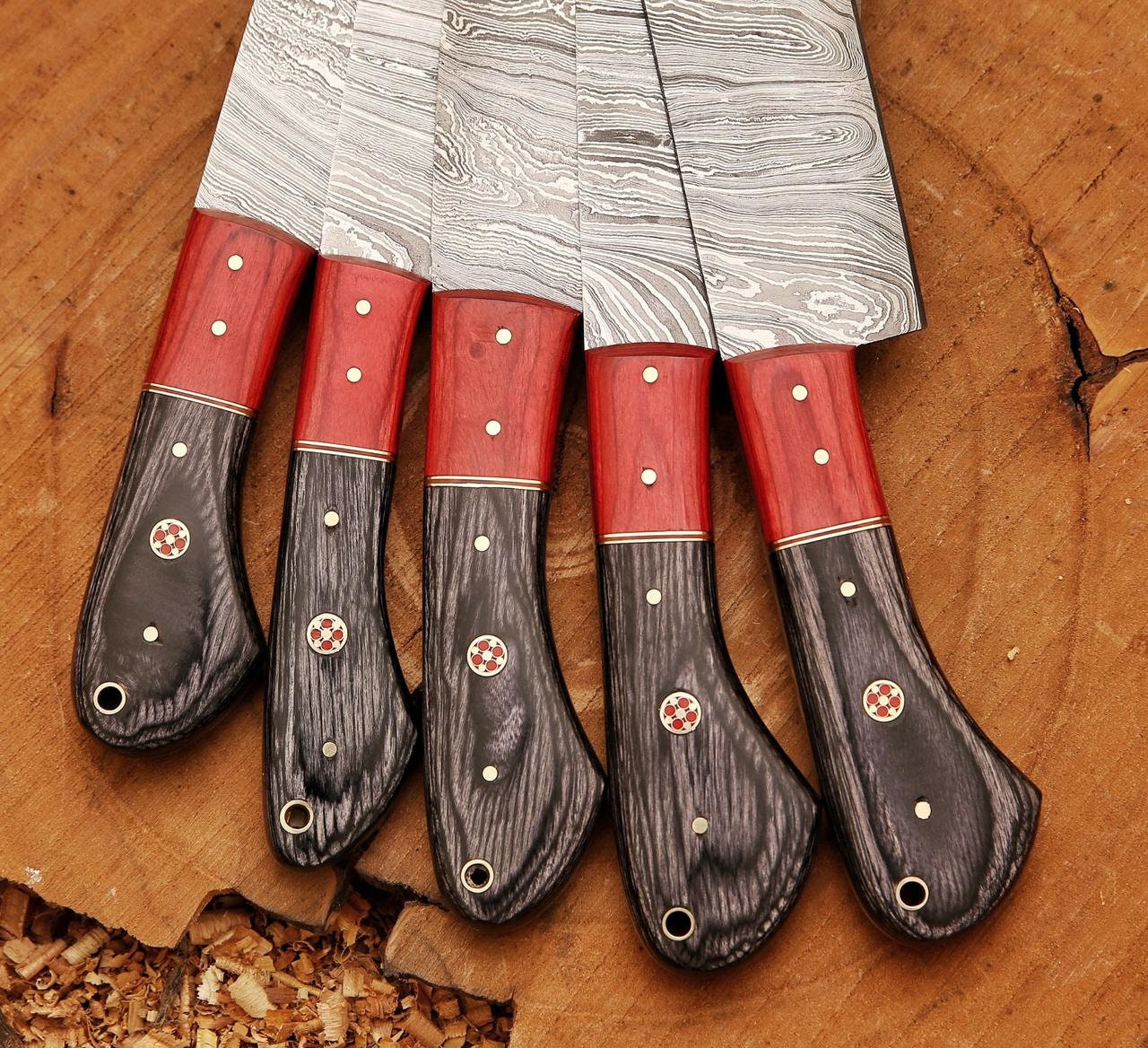 5 Pieces Damascus steel Hammered kitchen knife set, Custom made hand forged  Damascus steel full tang blade, Overall 36 inches Length of Hammered  Damascus sharp knives, Goat suede Leather Roll sheath 
