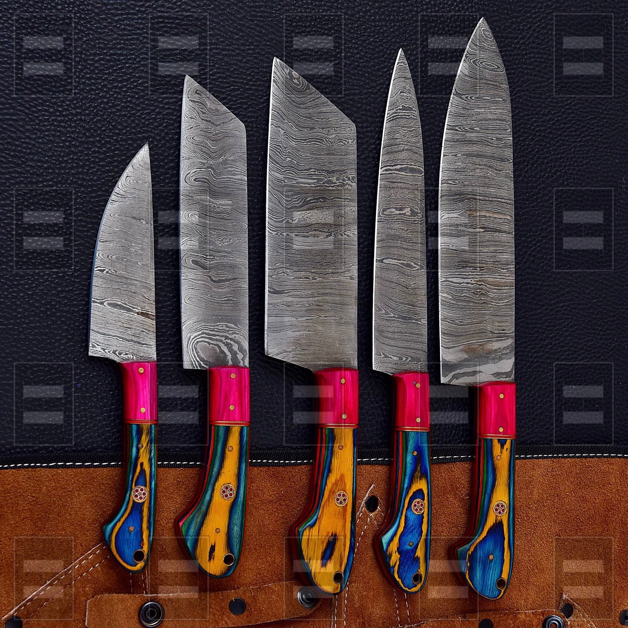 Custom made hand forged Damascus steel full tang blade kitchen knife set,  Overall 45 inches Length of Damascus sharp knives (10.6+9.6+9.0+8.0+7.6)