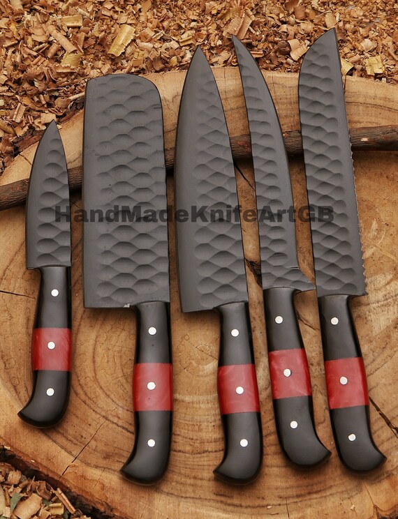 Hand Forged Carbon Steel Black Coated Chef Knife Set of 5pcs With