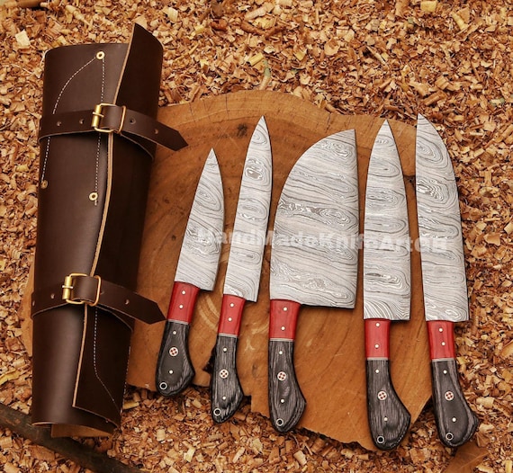Handmade Chef Set, Damascus Steel 5pcs Chef Knife Set With Leather Sheath,  Kitchen Knives Japanese Knife Set, Best Anniversary Gift for Him 