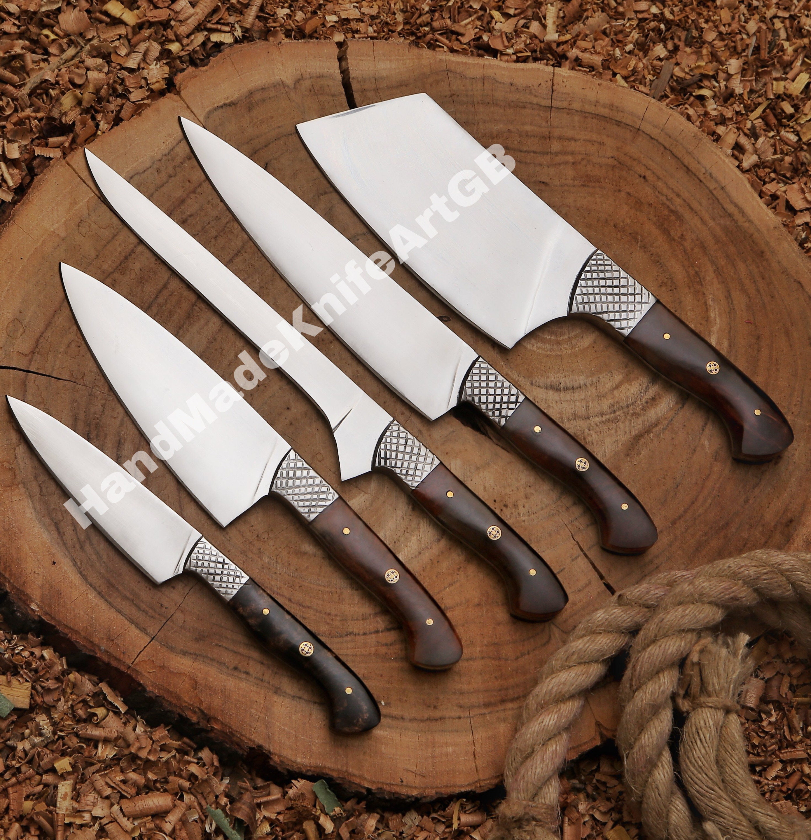 Handmade Chef Knife Set of 5pcs With Leather Sheath, D2 Steel Chef Set