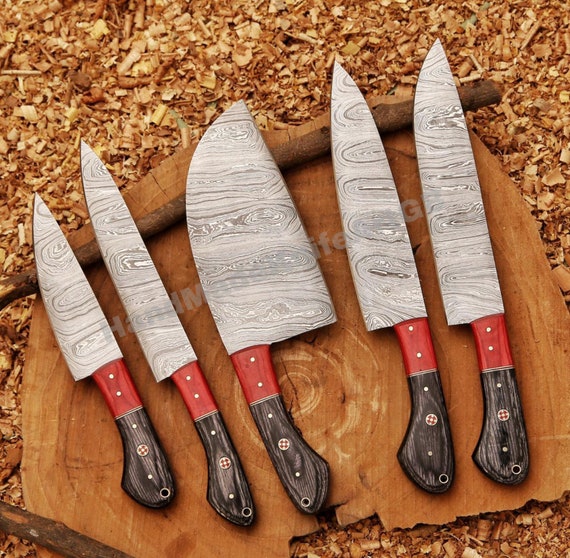 Handmade Damascus Steel Blade Kitchen Knife Set 5pcs Best Damascus Chef Knife Set Professional Kitchen Cooking Knives with Leather Case/Bag