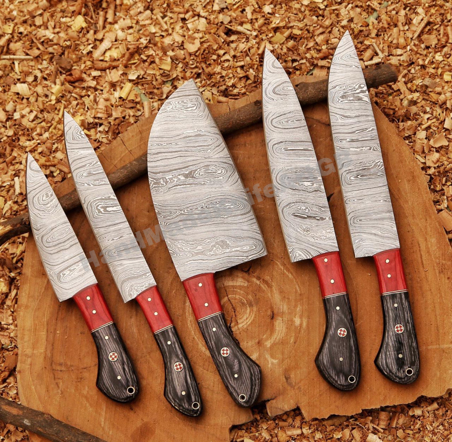 5 Pieces Damascus steel Hammered kitchen knife set, Custom made hand forged  Damascus steel full tang blade, Overall 36 inches Length of Hammered  Damascus sharp knives, Goat suede Leather Roll sheath 