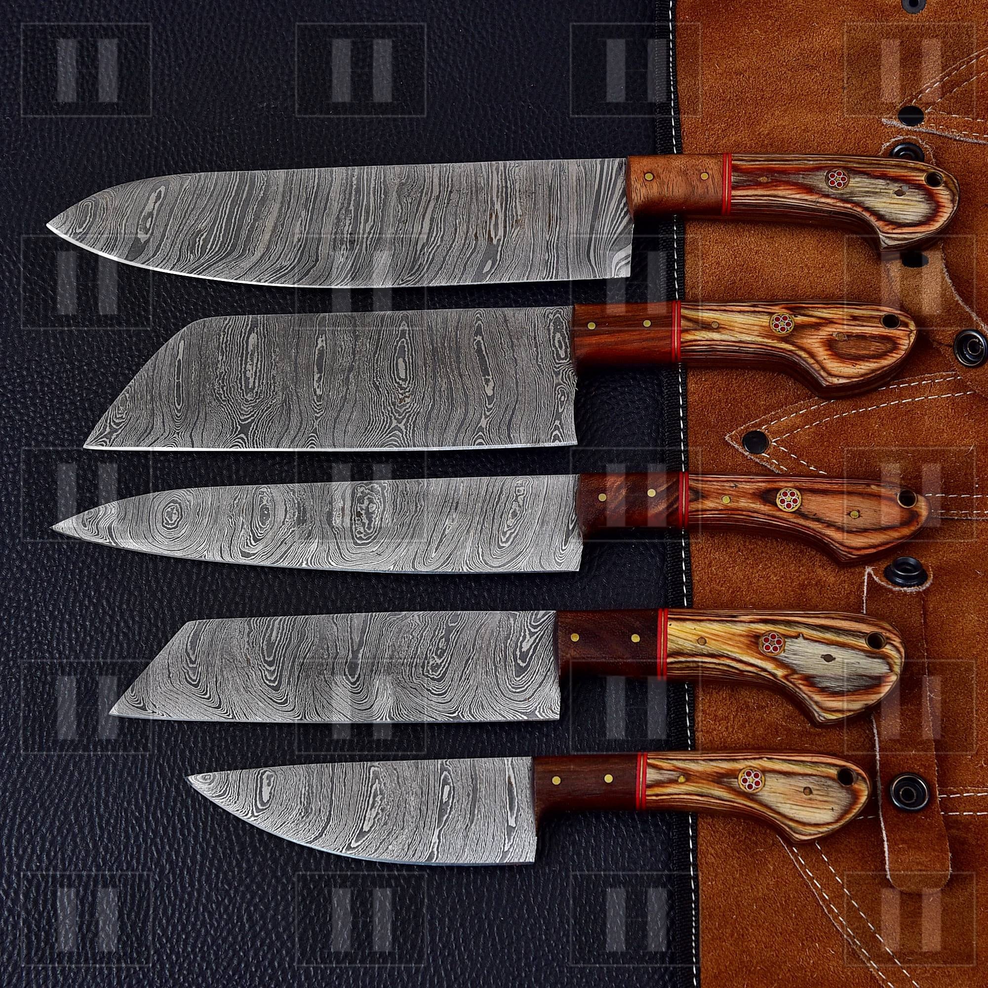 5 pieces chef knives set, Chef knife, Santoku knife, Peel knife, vegetable  knife, overall 54 inches full tang hand forged Damascus steel blade, custom