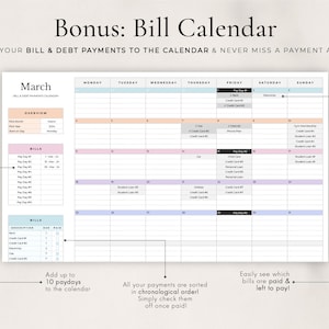 May include: A printable bill calendar for March with a light blue, pink, and peach color scheme. The calendar includes a section for overview, bills, and a grid for each day of the month. The grid is divided into columns for each day of the week, and each row represents a different bill or payment. The calendar is designed to help users track their bills and payments and avoid missing any deadlines.