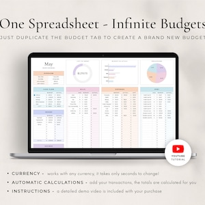 May include: A laptop screen displaying a spreadsheet with a budget template for the month of May. The spreadsheet includes sections for cash flow, bills, expenses, and debt. The spreadsheet is designed to help users track their finances and create a budget. The image also includes a YouTube tutorial icon.