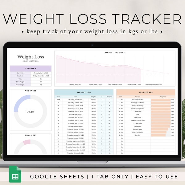 Feuille de calcul de suivi de perte de poids pour Google Sheets, planificateur de perte de poids, tableau de pesée hebdomadaire quotidienne, journal de mesure corporelle, journal de poids