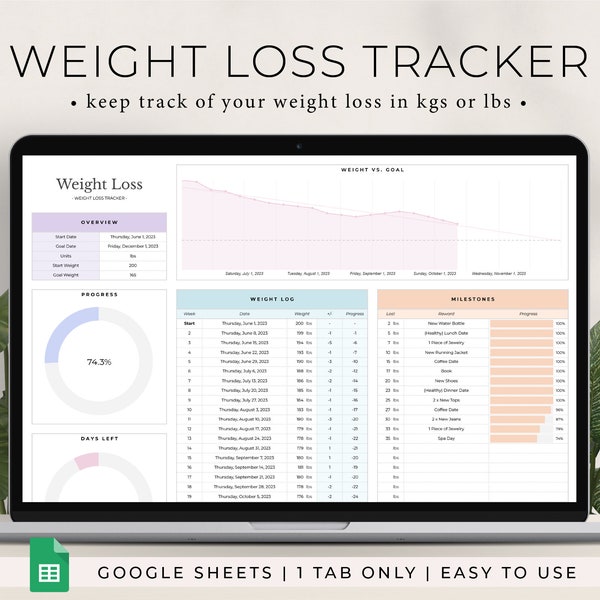 Weight Loss Tracker Spreadsheet for Google Sheets, Weight Loss Planner, Daily Weekly Weigh-in Chart, Body Measurement Log, Weight Journal