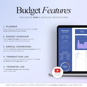 The smart annual & monthly budget for google sheets by Haye Creatives. Budget features: annual budget planner, income and expense tracker, transfer tracker, budget template and an annual dashboard.