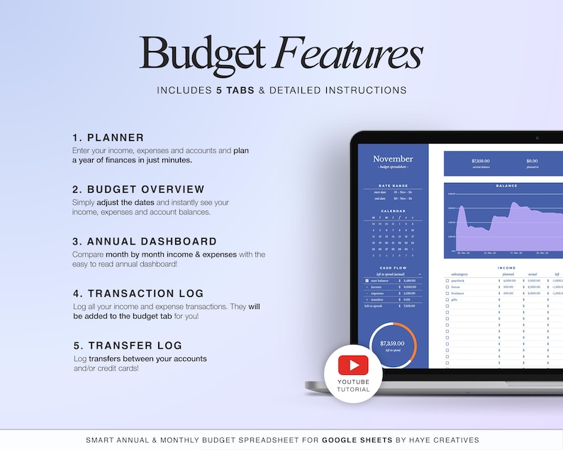 The smart annual & monthly budget for google sheets by Haye Creatives. Budget features: annual budget planner, income and expense tracker, transfer tracker, budget template and an annual dashboard.