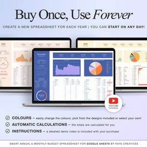 Easily change the colors of the annual and monthly budget spreadsheet, this spreadsheet you only have to buy once, after that you can use it forever.