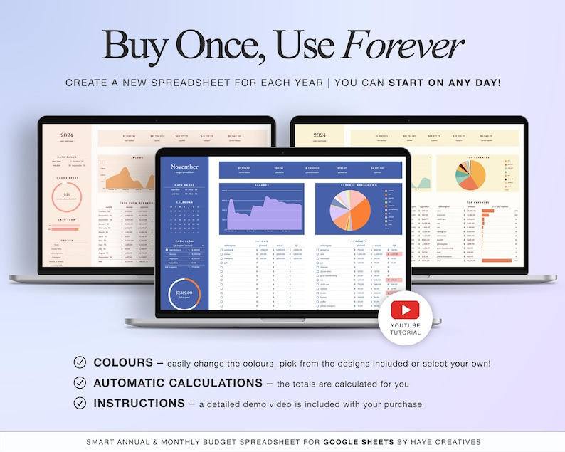 Easily change the colors of the annual and monthly budget spreadsheet, this spreadsheet you only have to buy once, after that you can use it forever.