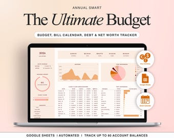 Annual Budget Spreadsheet for Google Sheets, Monthly Weekly Biweekly Paycheck Budget Planner Template, Debt Payoff Tracker, Bill Calendar