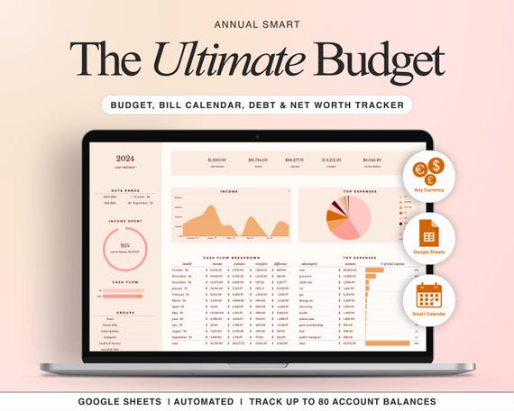 Annual Budget Spreadsheet for Google Sheets, Monthly Weekly Biweekly Paycheck Budget Planner Template, Debt Payoff Tracker, Bill Calendar