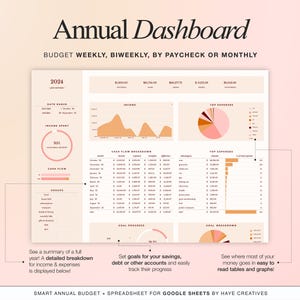 Annual financial dashboard displaying monthly income, expenses, and savings summaries with charts and graphs