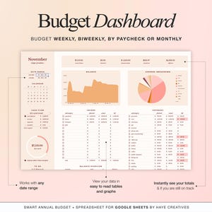 Budget dashboard tab showing income, expenses, and account balances with automatic calculations in Google Sheets