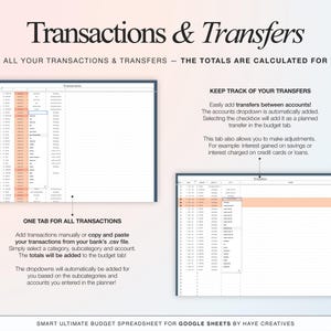 transactions and transfers tab of the annual smart budget spreadsheet for google sheets. add your income and expense transactions and keep track of transfers between accounts. the totals are automatically added to the right tab for you
