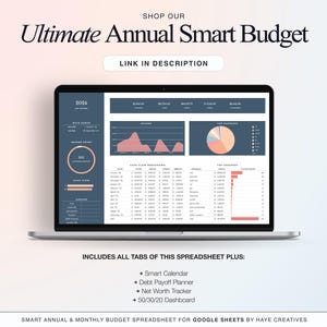 Also available in our store — the ultimate annual smart budget! Includes all the same tabs as well as a smart calendar, debt payoff tracker, 50/30/20 dashboard & net worth tracker tab