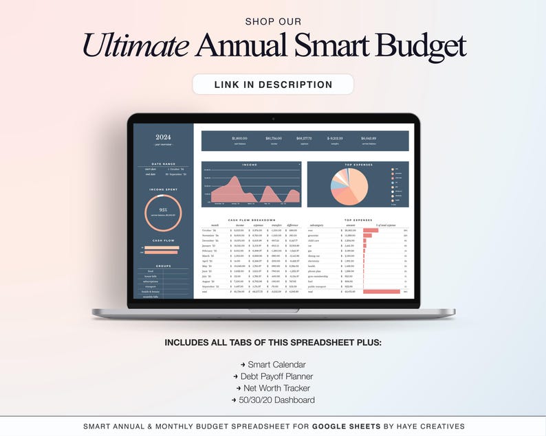 Also available in our store — the ultimate annual smart budget! Includes all the same tabs as well as a smart calendar, debt payoff tracker, 50/30/20 dashboard & net worth tracker tab