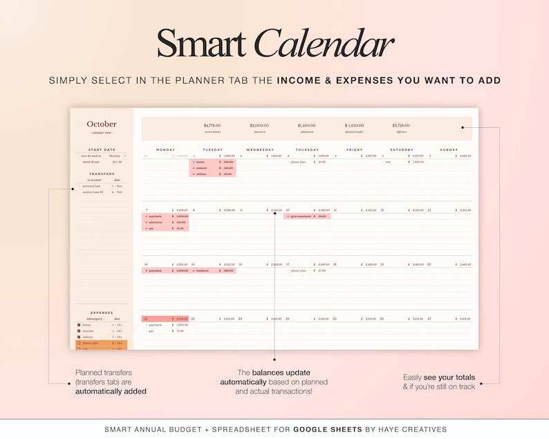 Bill calendar tab in Google Sheets displaying due dates for bills and subscriptions throughout the year