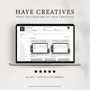 May include: A laptop screen displaying a website for Haye Creatives, featuring printable budget worksheets. The website shows a variety of budget templates, including an annual budget, monthly budget, budget by paycheck, and debt snowball. The website also features a testimonial from a happy customer. The website is from the creators of Haye Creatives.
