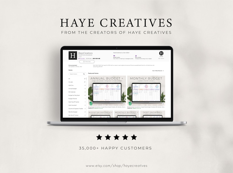 May include: A laptop screen displaying a website for Haye Creatives, featuring printable budget worksheets. The website shows a variety of budget templates, including an annual budget, monthly budget, budget by paycheck, and debt snowball. The website also features a testimonial from a happy customer. The website is from the creators of Haye Creatives.