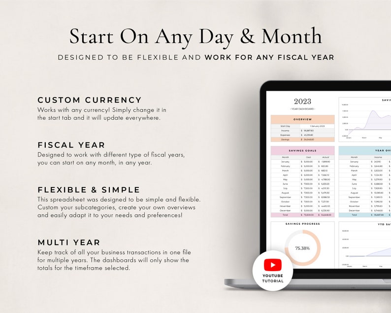 May include: A laptop computer screen displaying a spreadsheet with a savings goal tracker for the year 2023. The spreadsheet includes a savings goal, year overview, savings progress, and YTD savings. The spreadsheet is designed to be flexible and work for any fiscal year. The spreadsheet is designed to be simple and flexible. The spreadsheet is designed to work with different types of fiscal years. The spreadsheet is designed to work with any currency. The spreadsheet is designed to keep track of all business transactions in one file for multiple years. The spreadsheet is designed to show the totals for the timeframe selected. The spreadsheet is designed to be easily adapted to your needs and preferences. The spreadsheet is designed to be customized with your own subcategories and overviews. The spreadsheet is designed to be used to track your savings goals and progress. The spreadsheet is designed to be used to track your year overview. The spreadsheet is designed to be used to track your savings progress. The spreadsheet is designed to be used to track your YTD savings. The spreadsheet is designed to be used to track your business transactions. The spreadsheet is designed to be used to track your fiscal year. The spreadsheet is designed to be used to track your currency. The spreadsheet is designed to be used to track your timeframe. The spreadsheet is designed to be used to track your subcategories. The spreadsheet is designed to be used to track your overviews. The spreadsheet is designed to be used to track your needs and preferences.