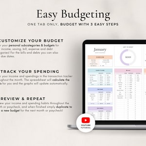 以下が含まれることがあります： 「Easy Budgeting」というタイトルと1月の月が表示された予算スプレッドシートが表示されているラップトップの画面。スプレッドシートには、収入、貯蓄、請求書、支出のセクションが含まれています。画面には、YouTubeチュートリアルのアイコンも表示されています。