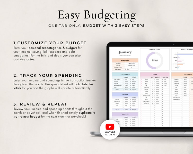 以下が含まれることがあります： 「Easy Budgeting」というタイトルと1月の月が表示された予算スプレッドシートが表示されているラップトップの画面。スプレッドシートには、収入、貯蓄、請求書、支出のセクションが含まれています。画面には、YouTubeチュートリアルのアイコンも表示されています。